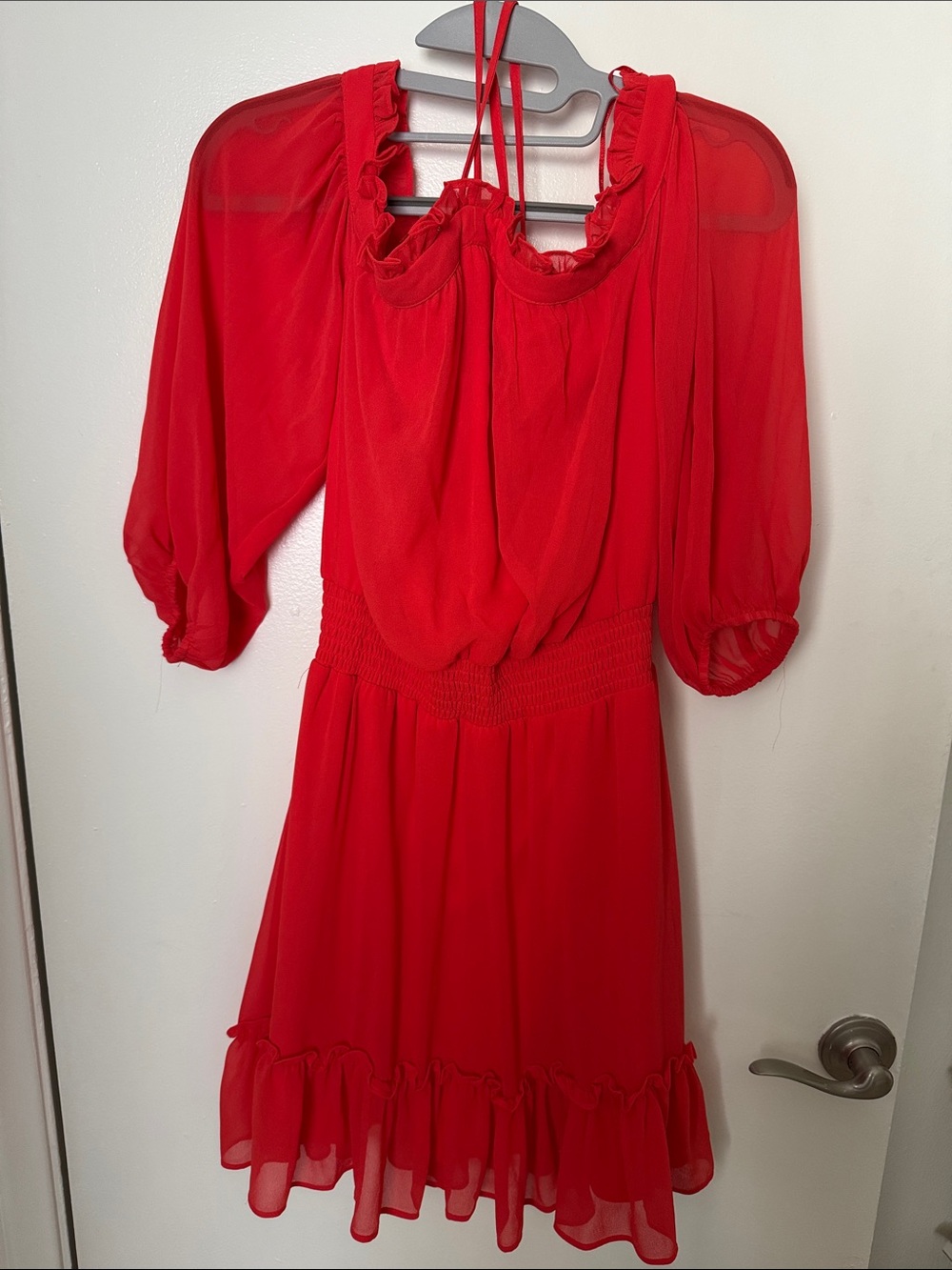 Halogen Red Smocked-Waist Ruffle-Hem Mini Dress